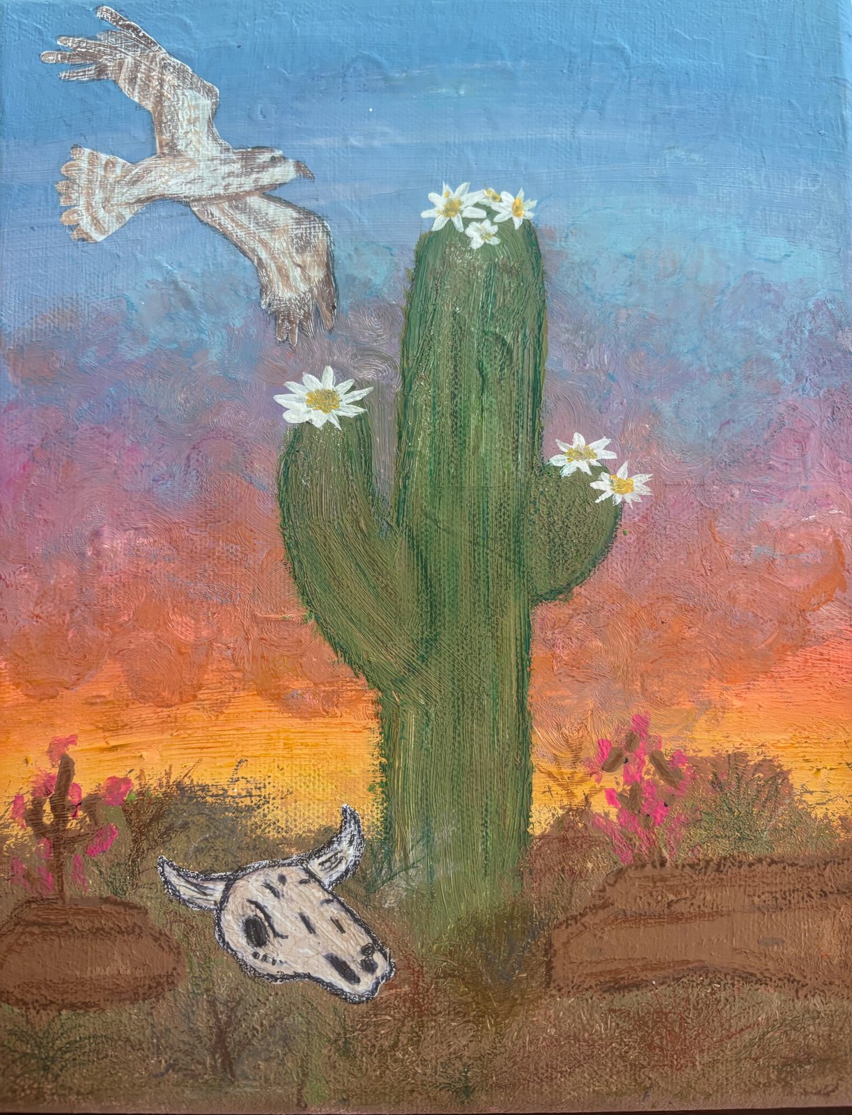 Saguaro Still Standing — Acrylic, oil pastels, colored pencils