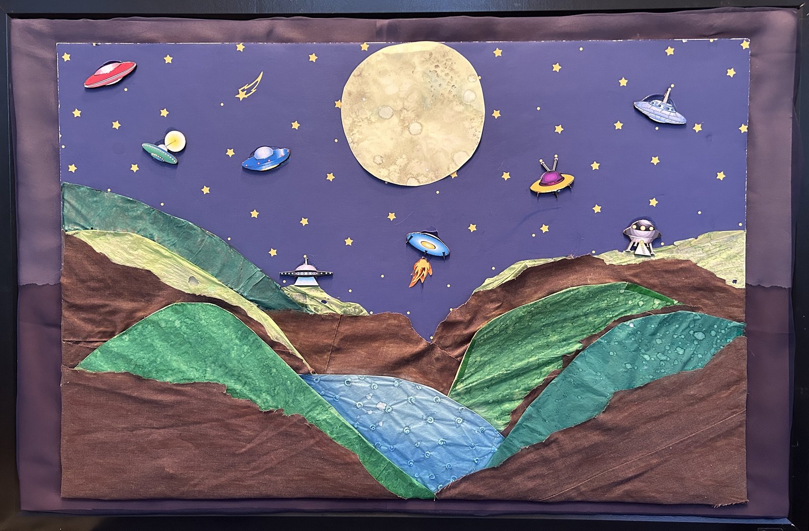 Under the Moon — Mixed media: cloth, watercolor, tissue paper, chipboard stickers