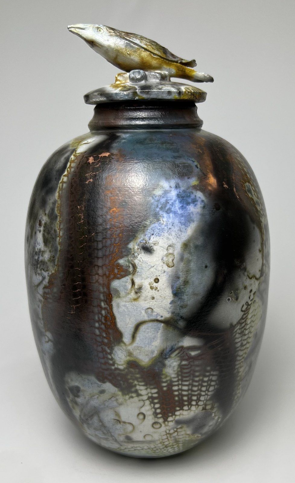 Sagger Jar with Bird — Sagger fired raku pottery