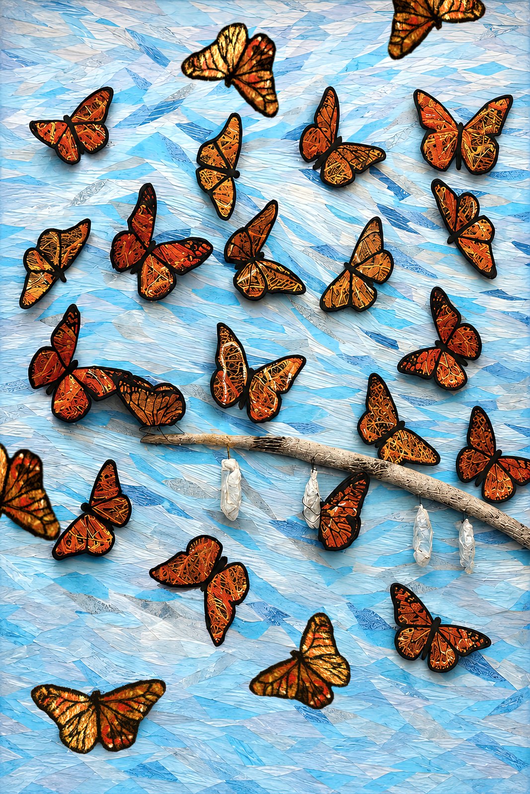Metamorphosis — Fiber art sculpture: fabric, thread, wire, recycled plastic bottles, yarn