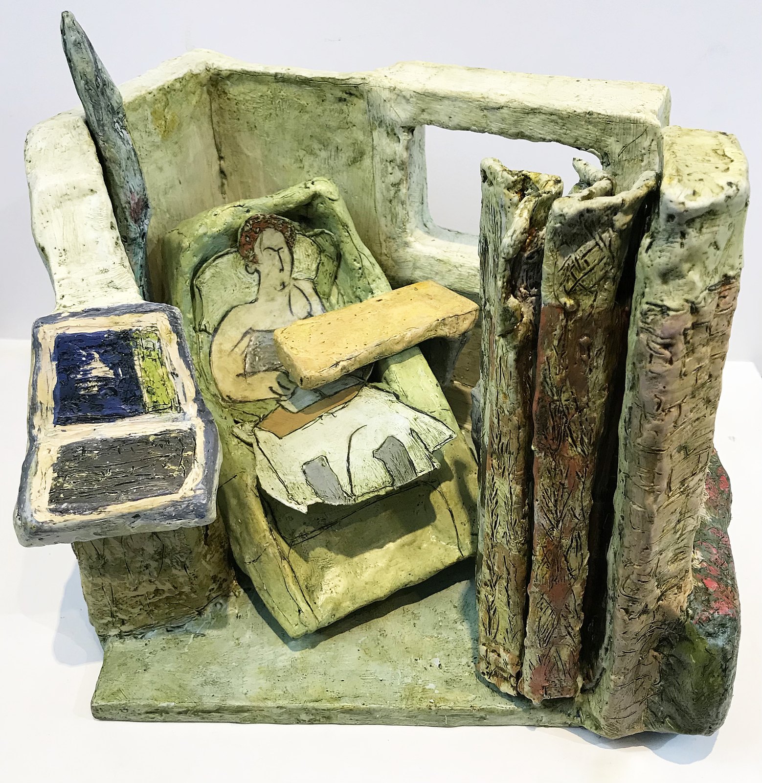 Tiny Chemo Room — Encaustic, charcoal, paper mâché, card and mat board on panel