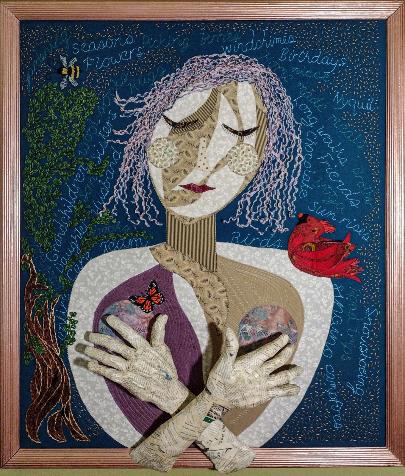 Gratitude — Mixed media: paper mâché hands, appliqué and hand embroidery