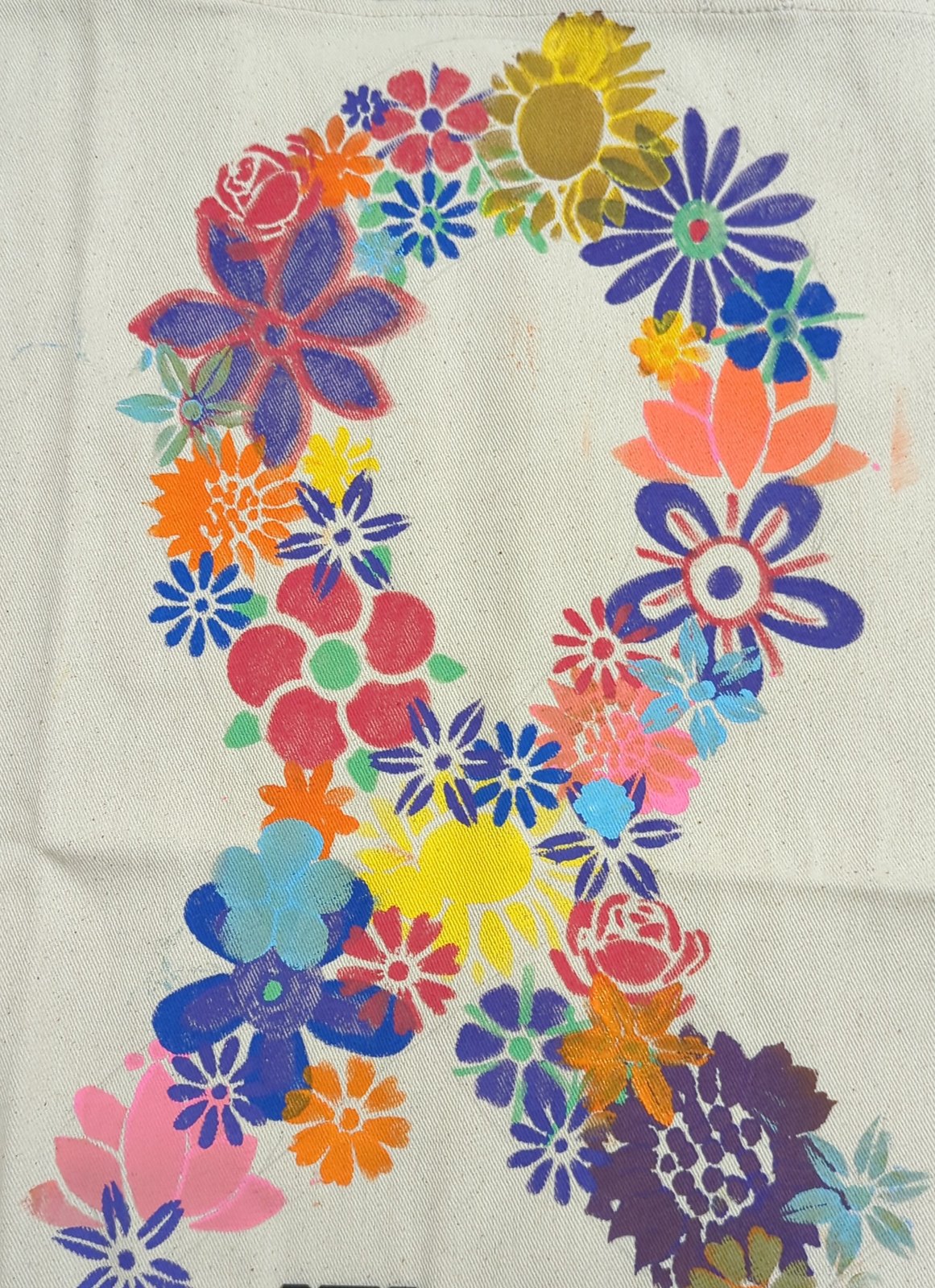 Cancer Ribbon Flowers — Flowers painted on a cloth tote bag
